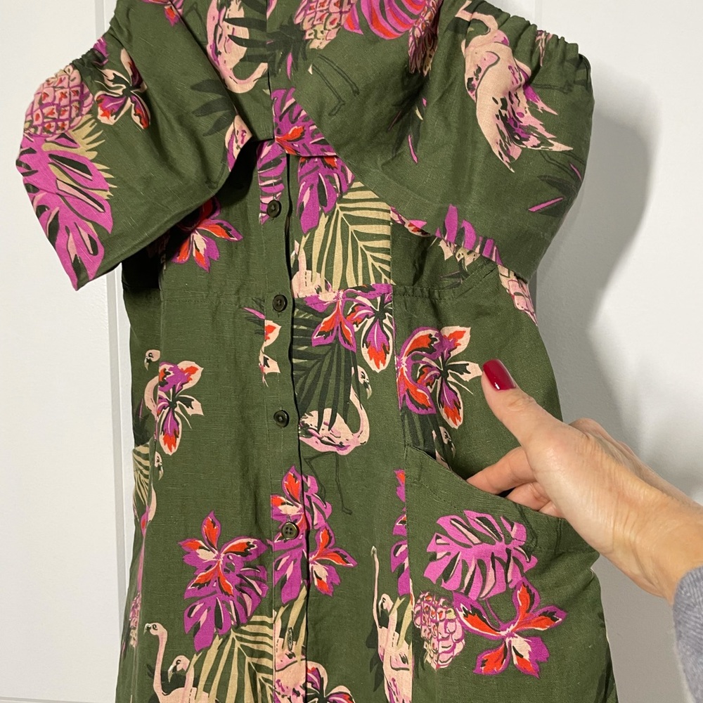 MNG Casual for Mango Linen Blend Pelican Print Cold Shoulder Dress size 6 - Picture 9 of 10